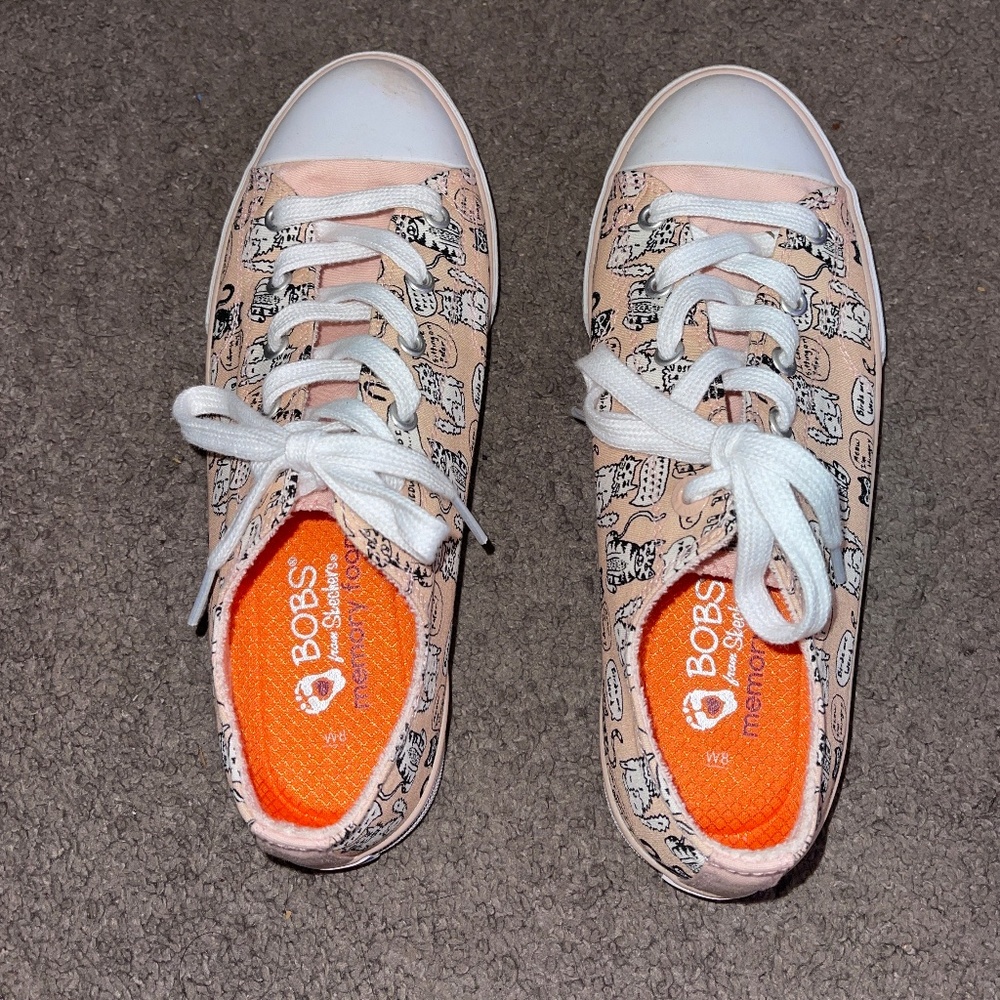 Bobs From Skechers Memory Foam Size 8 Cats Print Slip On Pink Sneakers - Picture 2 of 7